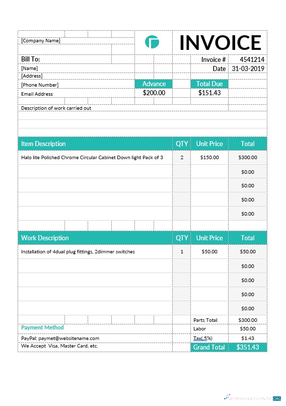 Download Electrical Contractor Invoice Template Photoshop template
